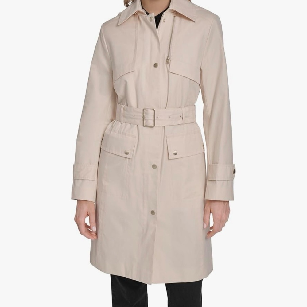 Cole Haan Women's Cotton Rain Trench Coat With Removable Hood Medium